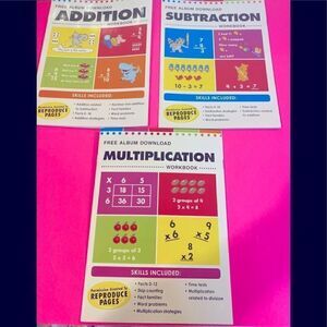 🎁Crownjewlz Kidz Addition, Subtraction , Multiplication Workbook🔴🟣🔵